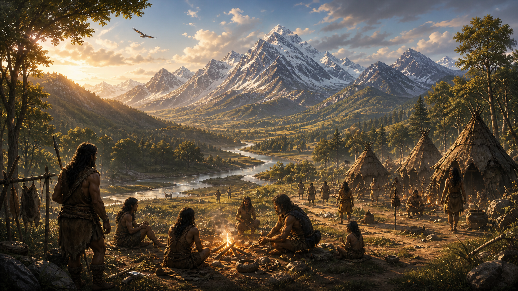 Founding-age concept art showing an early human settlement beneath mountain ranges.