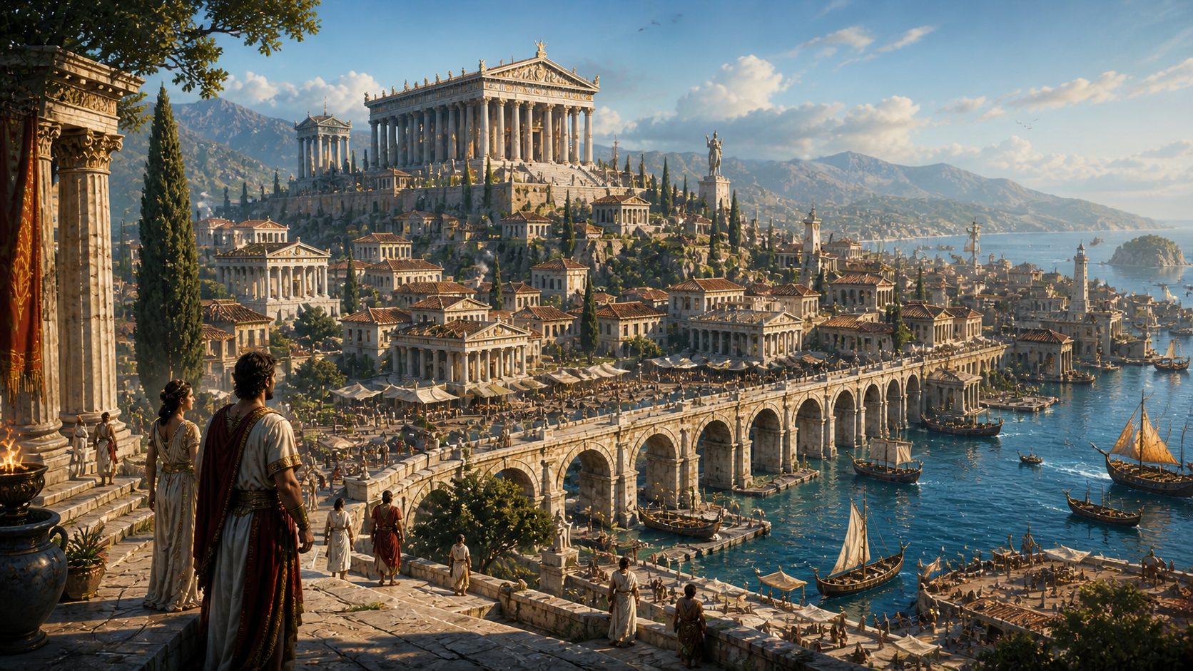 Heir to the Stars concept art showing a classical coastal city-state.
