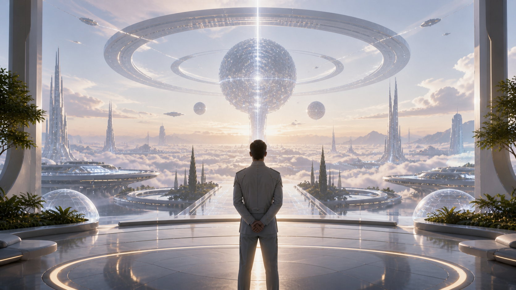 Heir to the Stars concept art showing a transhuman megastructure above a future city.