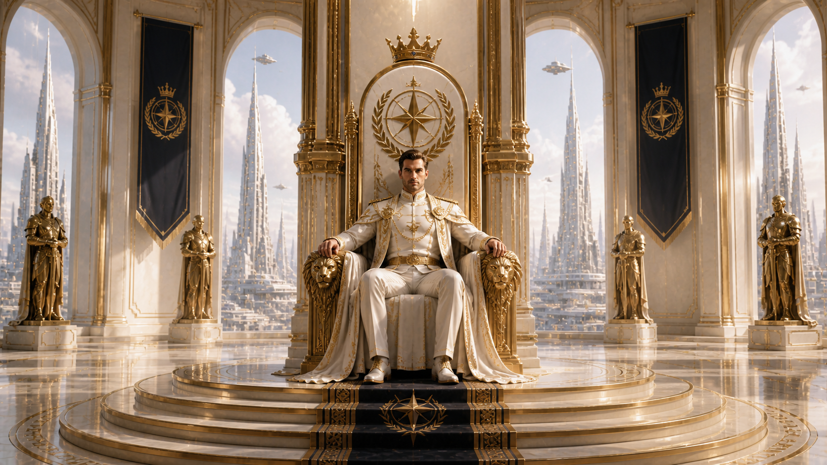Heir to the Stars concept art of a ruler seated before a luminous future capital.