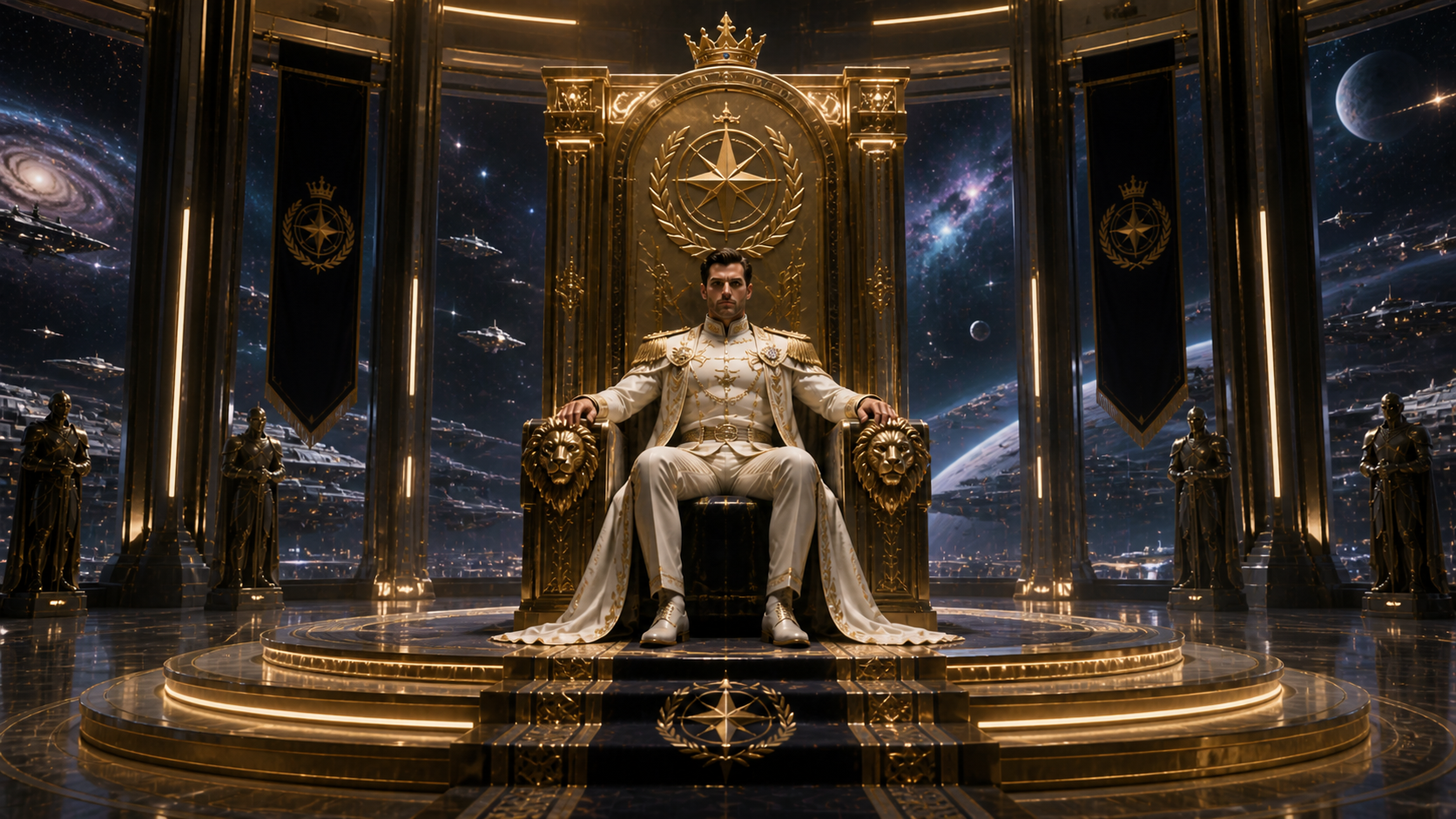 Concept art for Heir to the Stars showing an imperial ruler seated on a throne above a spacefaring civilization.