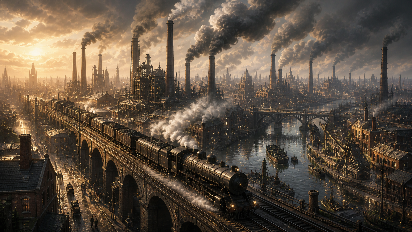 Heir to the Stars concept art showing an industrial megacity with rail and smokestacks.