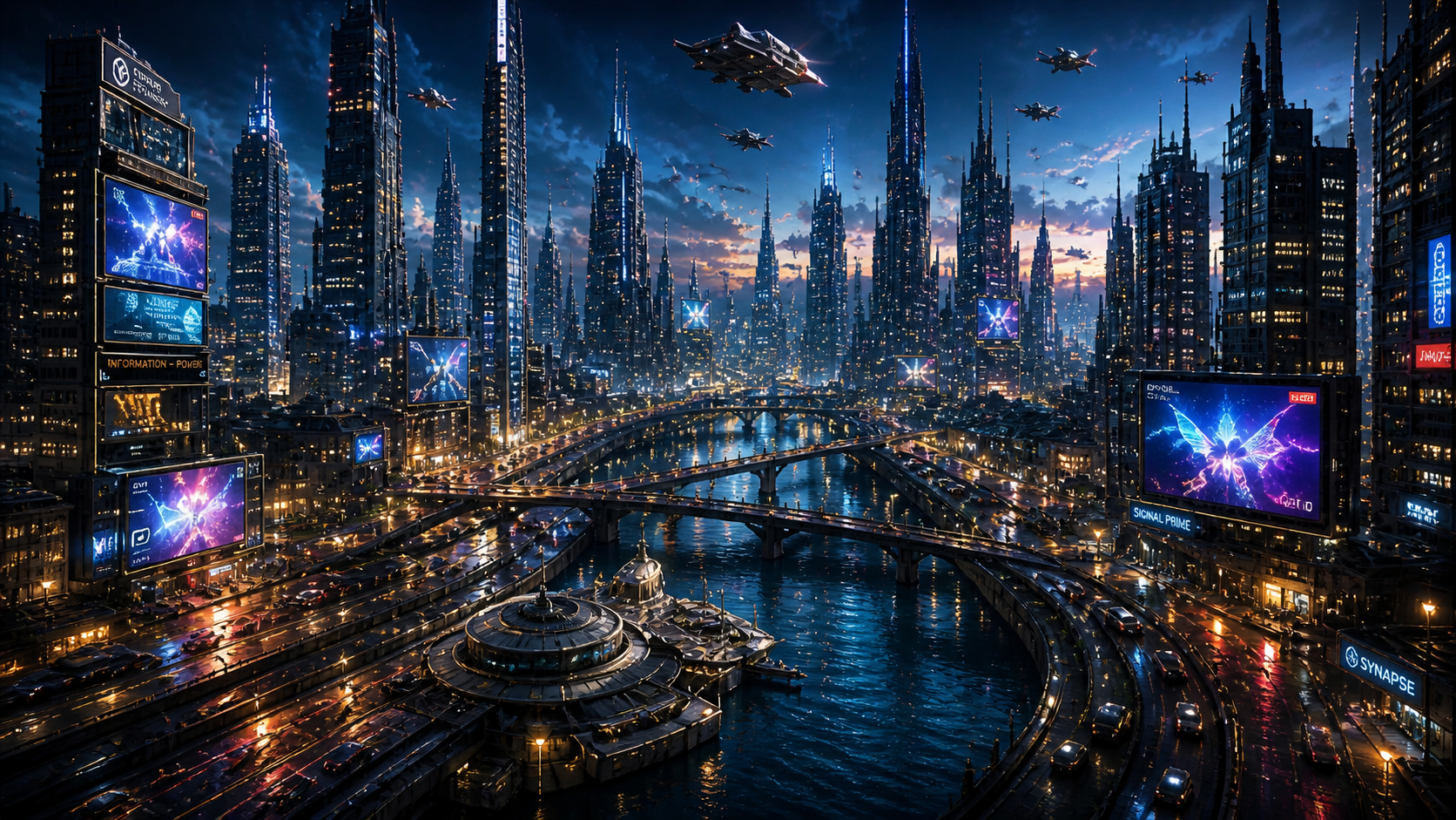 Heir to the Stars concept art showing a dense near-future megacity at dusk.