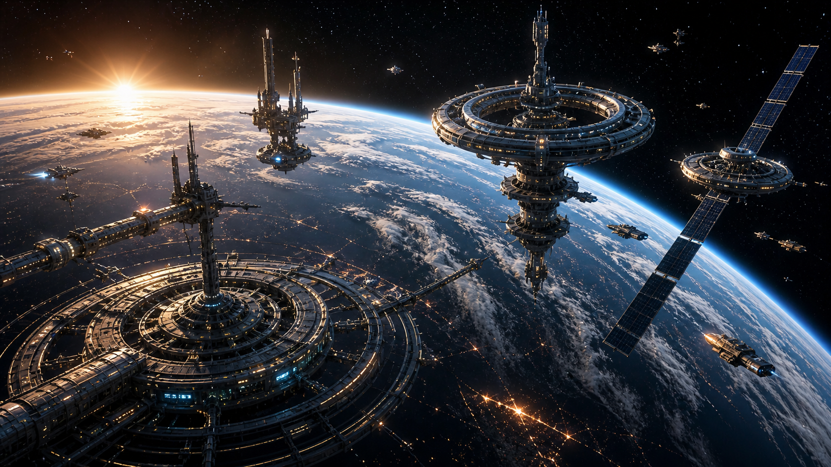 Heir to the Stars concept art showing orbital stations above Earth.