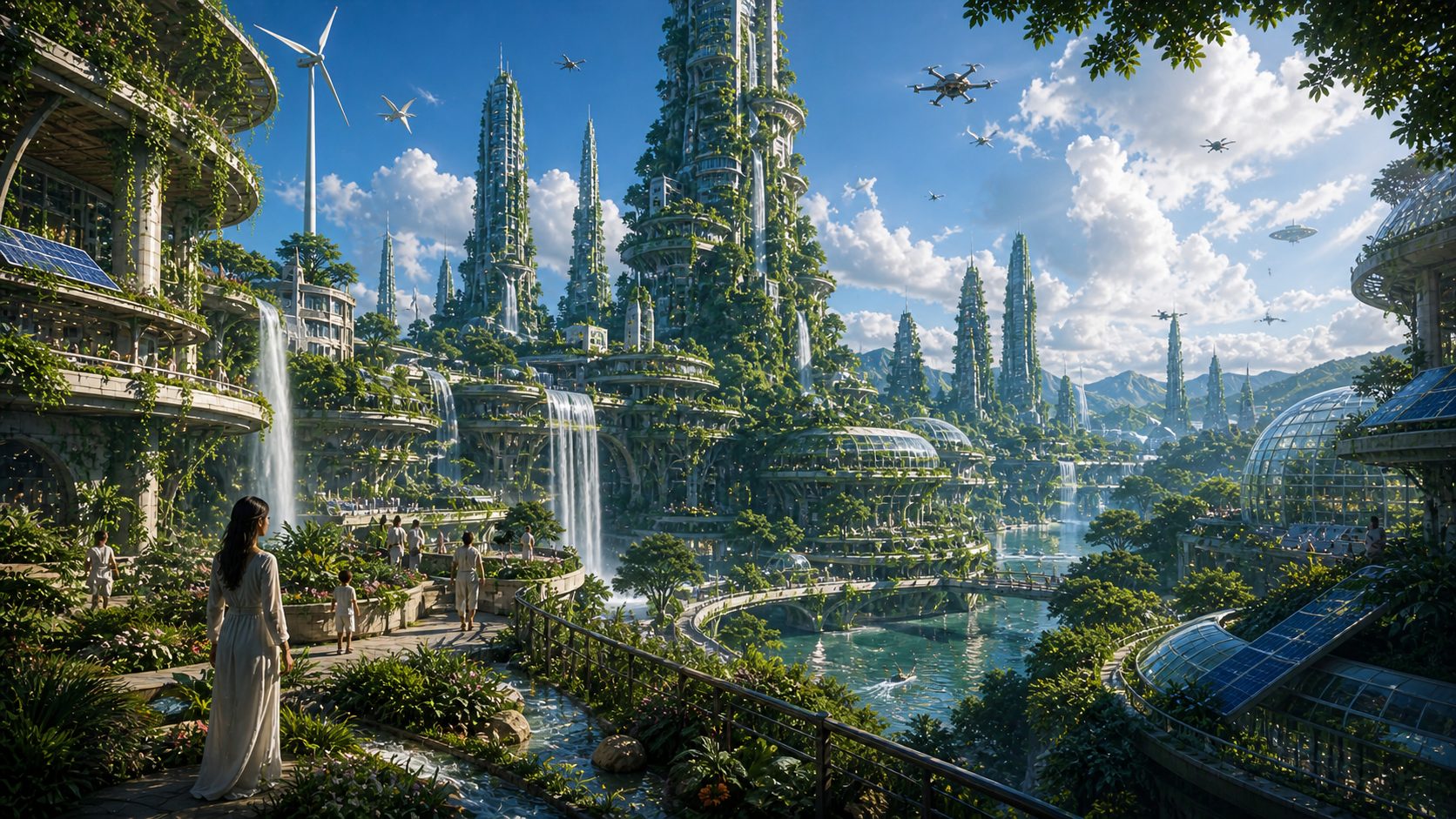 Heir to the Stars concept art showing a verdant future city with terraces and water.