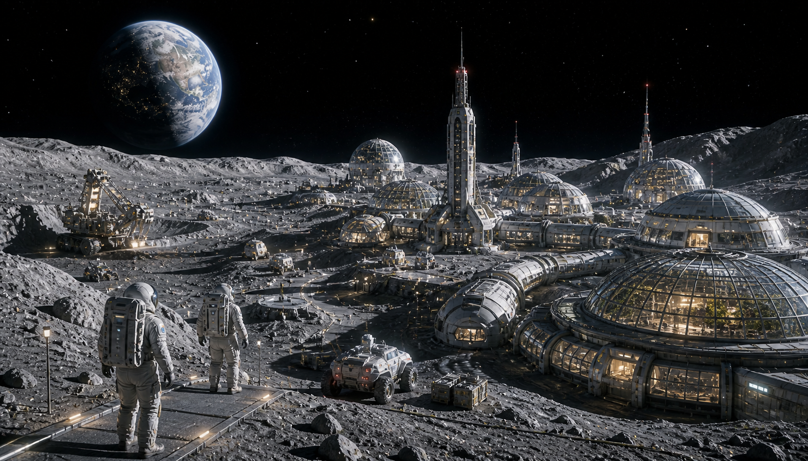 Heir to the Stars concept art showing a lunar colony under domes.