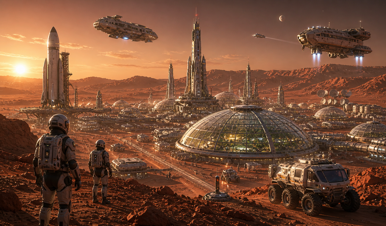 Heir to the Stars concept art showing a Martian colony at sunset.