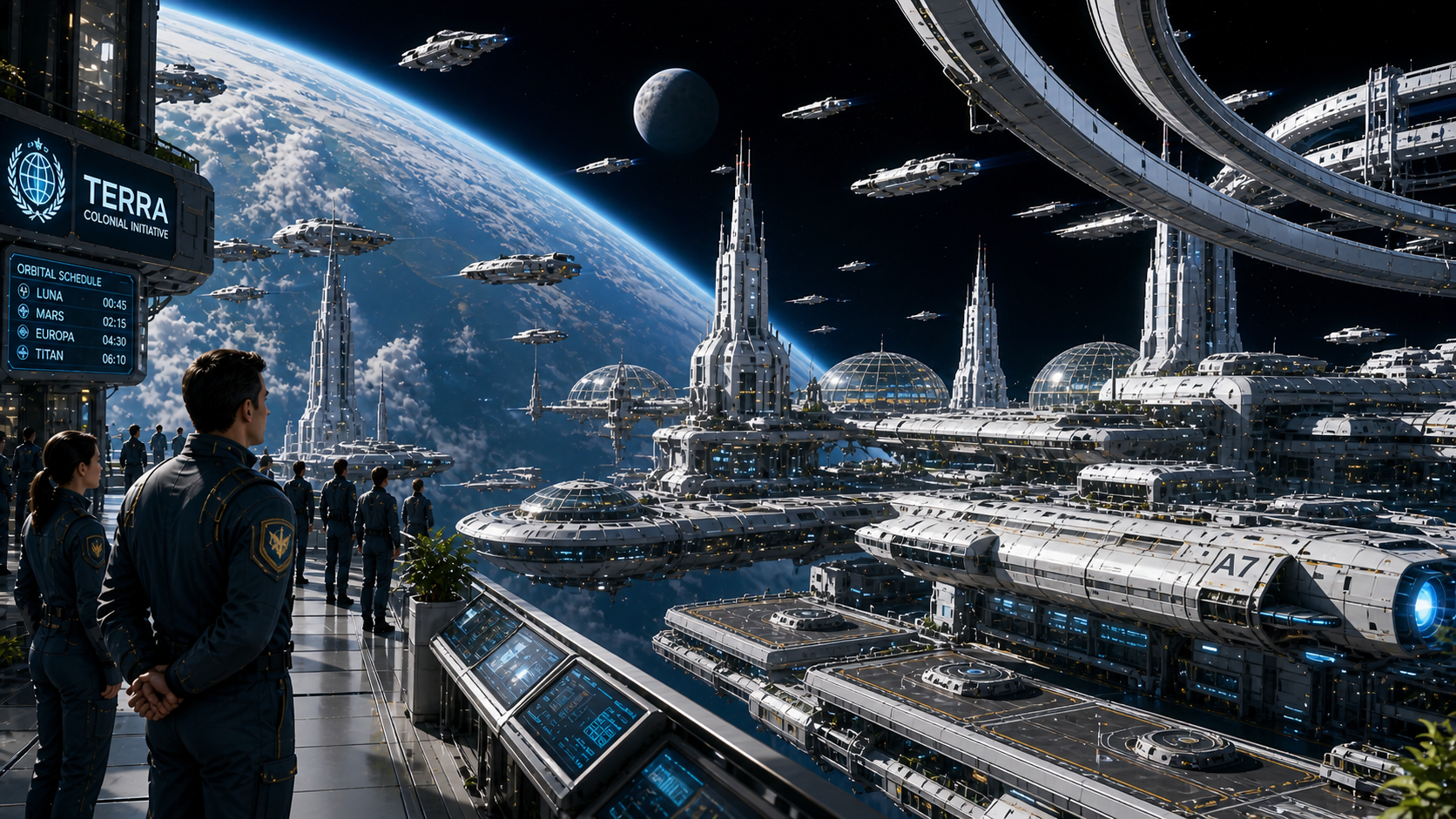 Concept art showing an orbital command city suspended above Earth.
