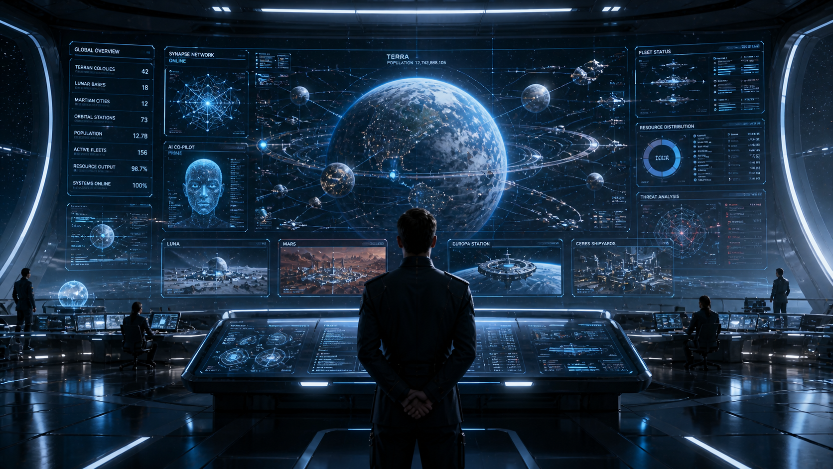 Heir to the Stars concept art showing a planetary command center.